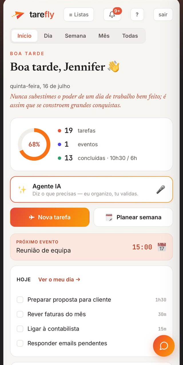 Painel de início do Tarefly